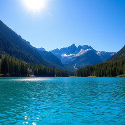 A serene landscape featuring a clear blue lake surrounded by lush green trees and mountains in the background under a bright sunny sky