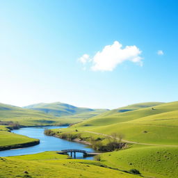 A serene landscape featuring a clear blue sky, rolling green hills, and a gently flowing river