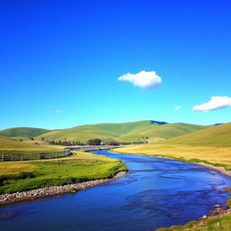 A serene landscape featuring a clear blue sky, rolling green hills, and a gently flowing river