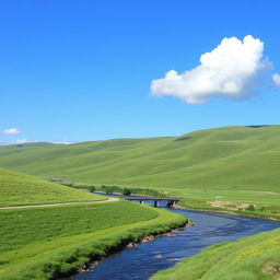 A serene landscape featuring a clear blue sky, rolling green hills, and a gently flowing river