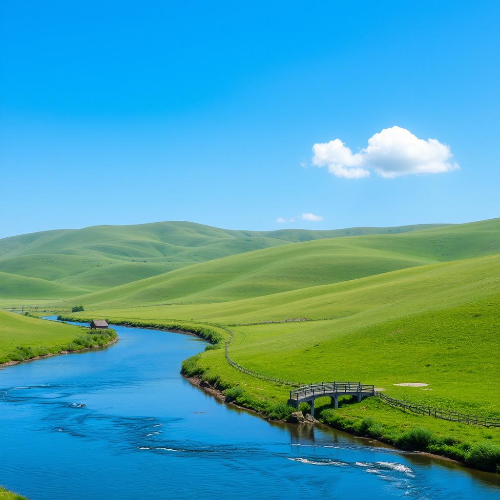 A serene landscape featuring a clear blue sky, rolling green hills, and a gently flowing river