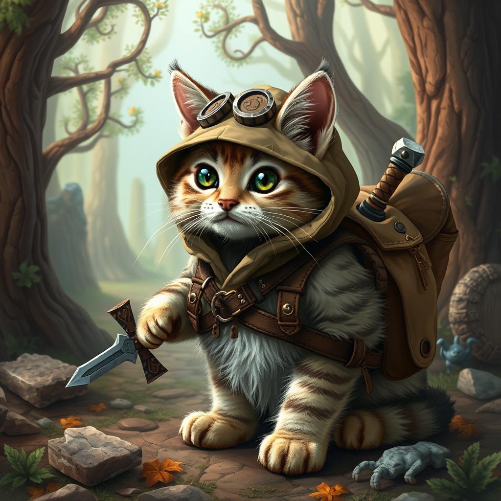 A small, adventurous cat dressed as a Dungeons & Dragons explorer, complete with a tiny backpack, a miniature sword, and a map