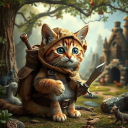 A small, adventurous cat dressed as a Dungeons & Dragons explorer, complete with a tiny backpack, a miniature sword, and a map