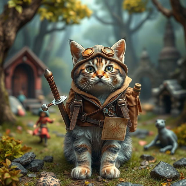 A small, adventurous cat dressed as a Dungeons & Dragons explorer, complete with a tiny backpack, a miniature sword, and a map