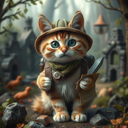 A small, adventurous cat dressed as a Dungeons & Dragons explorer, complete with a tiny backpack, a miniature sword, and a map