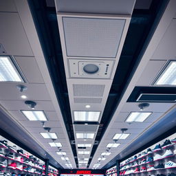 A well-lit ceiling of a sports shoe store, featuring modern lighting fixtures and a sleek design