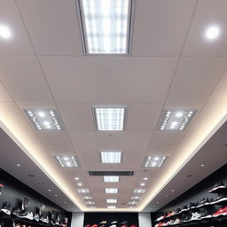 A well-lit ceiling of a sports shoe store, featuring modern lighting fixtures and a sleek design