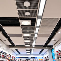 A well-lit ceiling of a sports shoe store, featuring modern lighting fixtures and a sleek design