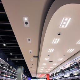 A well-lit ceiling of a sports shoe store, featuring modern lighting fixtures and a sleek design