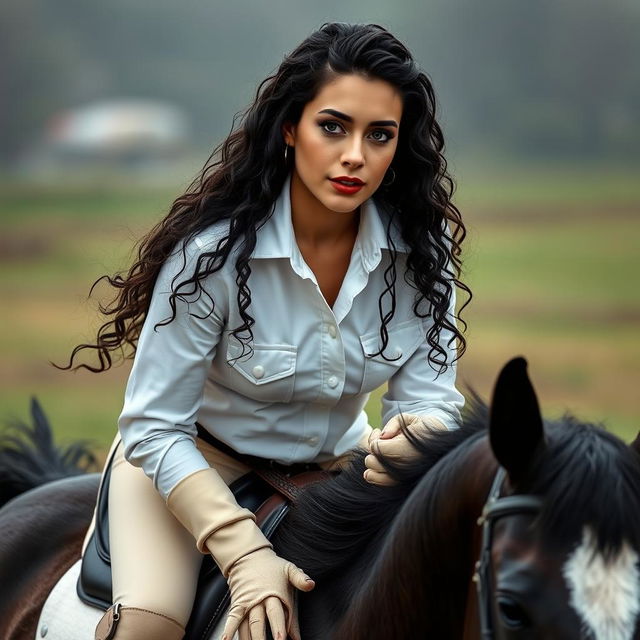 A beautiful Turkish woman with long, wet, curly black hair, grey eyes, long false eyelashes, shiny red glossy lips, thick eyebrows, and a well-defined nose