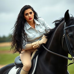 A beautiful Turkish woman with long, wet, curly black hair, grey eyes, long false eyelashes, shiny red glossy lips, thick eyebrows, and a well-defined nose