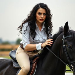 A beautiful Turkish woman with long, wet, curly black hair, grey eyes, long false eyelashes, shiny red glossy lips, thick eyebrows, and a well-defined nose