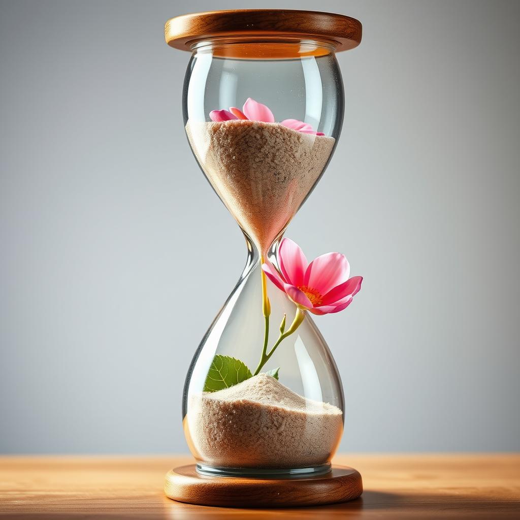 An hourglass with sand turning into blooming flowers or leaves, signifying the passage of time and the beauty of change