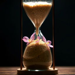 An hourglass with sand turning into blooming flowers or leaves, signifying the passage of time and the beauty of change