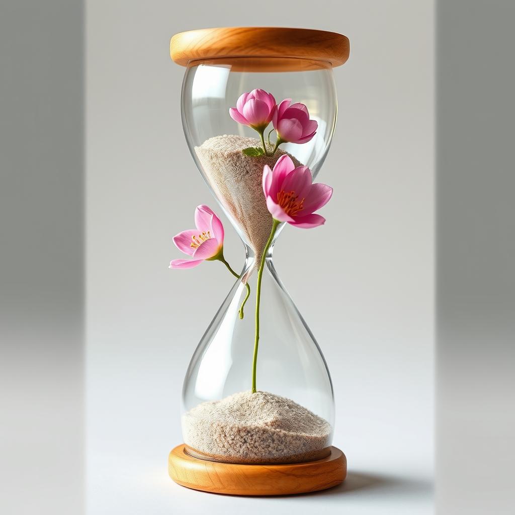 An hourglass with sand turning into blooming flowers or leaves, signifying the passage of time and the beauty of change