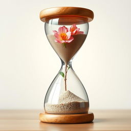 An hourglass with sand turning into blooming flowers or leaves, signifying the passage of time and the beauty of change