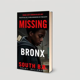 Create a book cover featuring a young Cape Verdean black boy who goes missing in the South Bronx