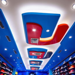 A ceiling of a sports shoe store with blue, red, and white colors