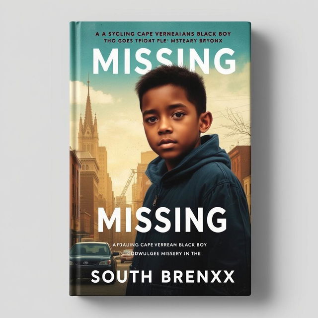 Create a book cover featuring a young Cape Verdean black boy who goes missing in the South Bronx