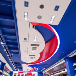 A ceiling of a sports shoe store with blue, red, and white colors