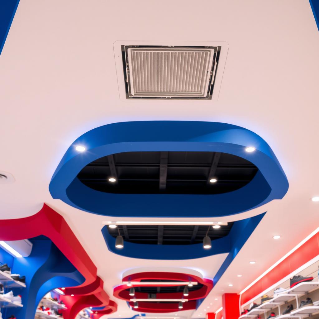 A ceiling of a sports shoe store with blue, red, and white colors