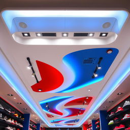 A ceiling of a sports shoe store with blue, red, and white colors