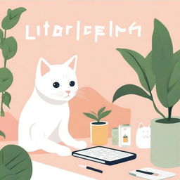 A book cover illustration featuring a computer, a white cat, and a Kindle on a table