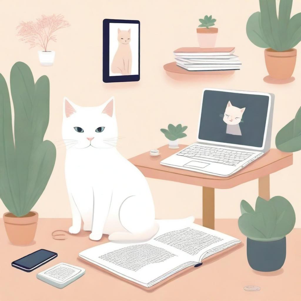 A book cover illustration featuring a computer, a white cat, and a Kindle on a table