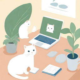 A book cover illustration featuring a computer, a white cat, and a Kindle on a table