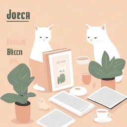 A book cover illustration featuring a computer, a white cat, and a Kindle on a table