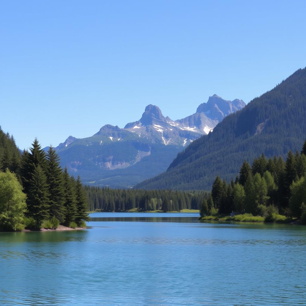 A beautiful landscape featuring a serene lake surrounded by lush green trees, with a majestic mountain range in the background under a clear blue sky