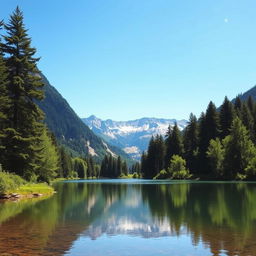 A beautiful landscape featuring a serene lake surrounded by lush green trees, with a majestic mountain range in the background under a clear blue sky