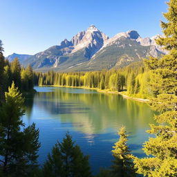 A beautiful landscape featuring a serene lake surrounded by lush green trees, with a majestic mountain range in the background under a clear blue sky