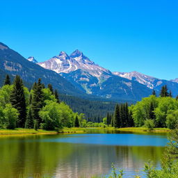 A beautiful landscape featuring a serene lake surrounded by lush green trees, with a majestic mountain range in the background under a clear blue sky