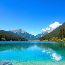 A beautiful and serene landscape featuring a crystal-clear lake surrounded by lush green forests and majestic mountains in the background