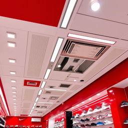 A ceiling of a sports shoe store with red and white colors