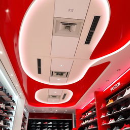 A ceiling of a sports shoe store with red and white colors