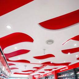 A ceiling of a sports shoe store with red and white colors