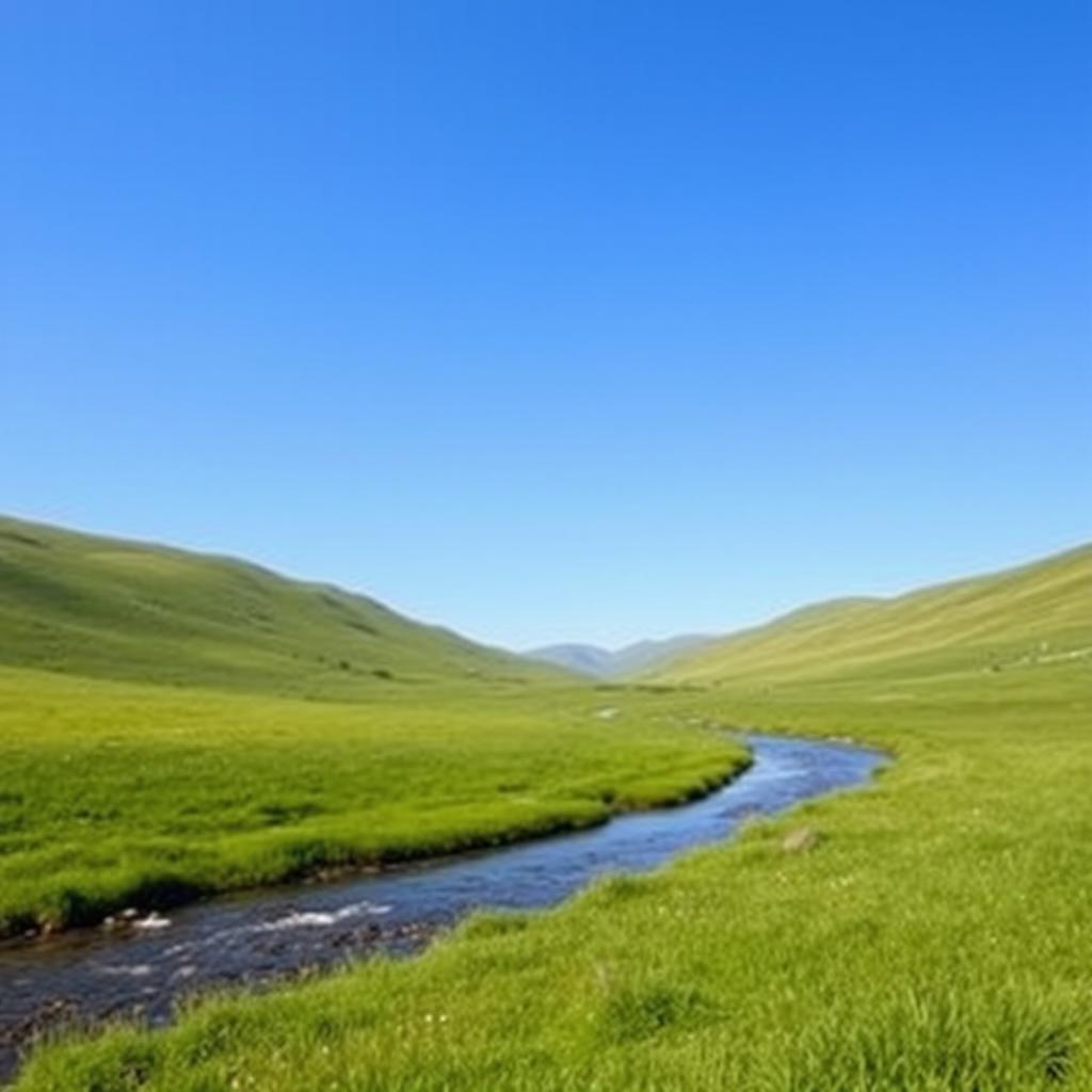 A serene landscape featuring a clear blue sky, lush green meadows, and a tranquil river flowing through it