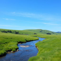 A serene landscape featuring a clear blue sky, lush green meadows, and a tranquil river flowing through it