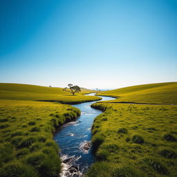 A serene landscape featuring a clear blue sky, lush green meadows, and a tranquil river flowing through it