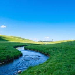 A serene landscape featuring a clear blue sky, lush green meadows, and a tranquil river flowing through it