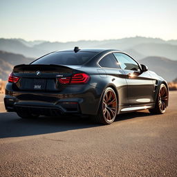 A highly detailed image of a black 2014 BMW M4 with gold rims