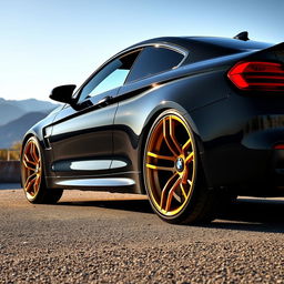 A highly detailed image of a black 2014 BMW M4 with gold rims