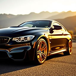 A highly detailed image of a black 2014 BMW M4 with gold rims