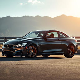 A highly detailed image of a black 2014 BMW M4 with gold rims