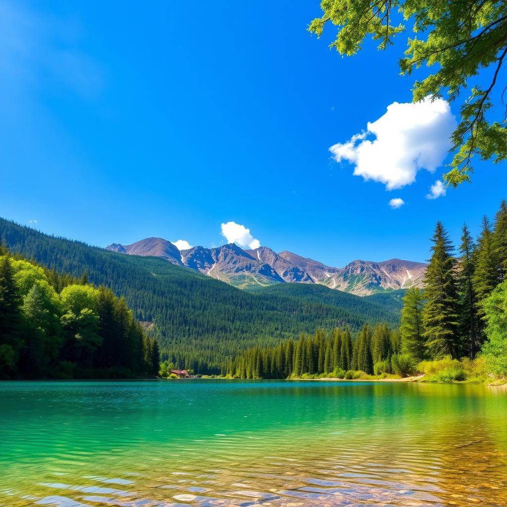 A beautiful, serene landscape featuring a clear blue lake surrounded by lush green trees and mountains in the background