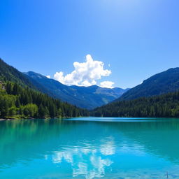 A beautiful, serene landscape featuring a clear blue lake surrounded by lush green trees and mountains in the background