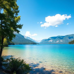 A beautiful, serene landscape featuring a clear blue lake surrounded by lush green trees and mountains in the background