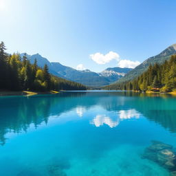 A beautiful, serene landscape featuring a clear blue lake surrounded by lush green trees and mountains in the background